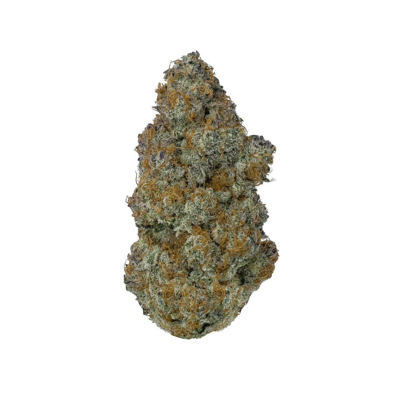 A nug of cannabis flower from the GMO Cookies strain sits against a white background.